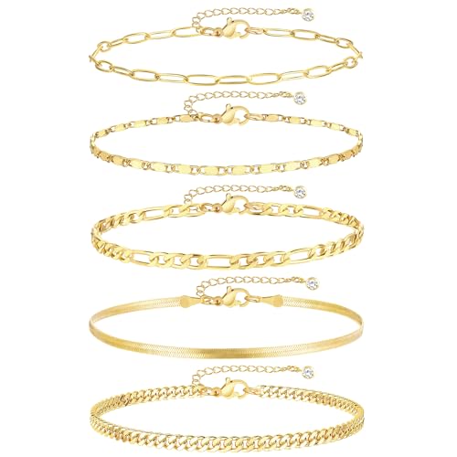 iF YOU Gold Ankle Bracelets for Women, 14k Gold Plated Waterproof Cuban Link Chain Anklets Set, Layered Anklet Bracelets for Women Beach Gift Adjustable Size 5pc
