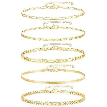 iF YOU Gold Ankle Bracelets for Women, 14k Gold Plated Waterproof Cuban Link Chain Anklets Set, Layered Anklet Bracelets for Women Beach Gift Adjustable Size 5pc