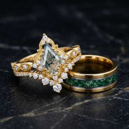 Couple Rings for Him and Her Kite Cut Moss Agate Promise Rings for Couples 3 Pics Wedding Ring Set for Women Personalized in S925 Sterling Silver/10k/14k/18k Gold