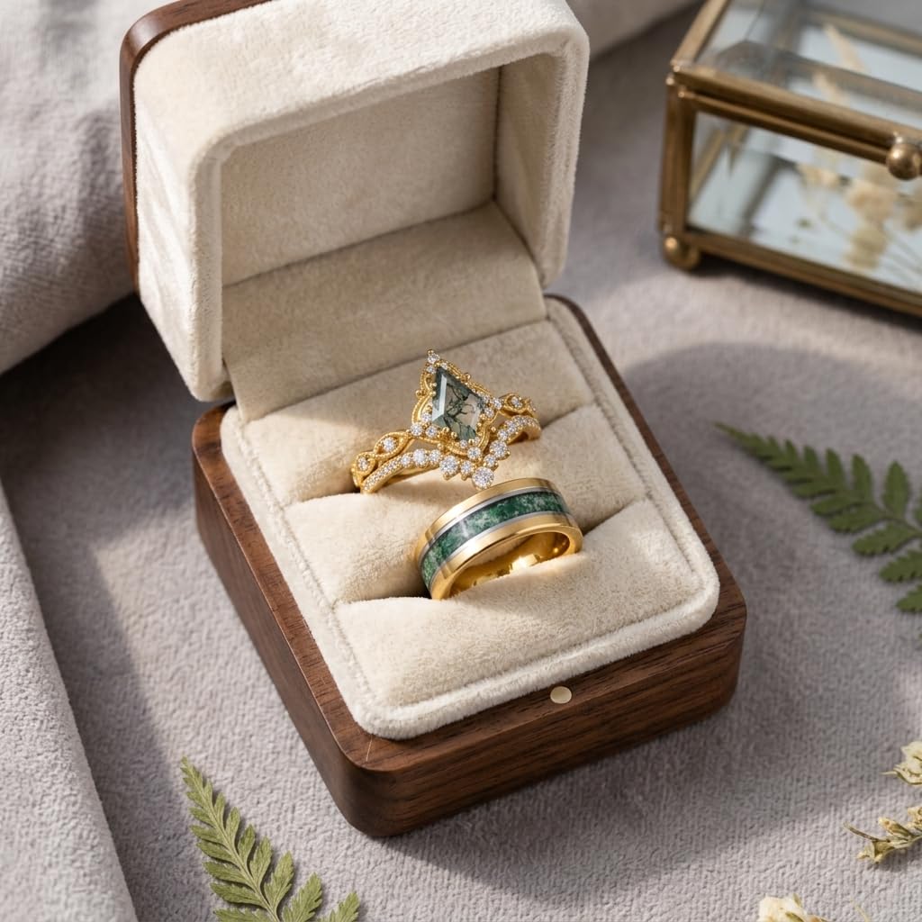 Couple Rings for Him and Her Kite Cut Moss Agate Promise Rings for Couples 3 Pics Wedding Ring Set for Women Personalized in S925 Sterling Silver/10k/14k/18k Gold