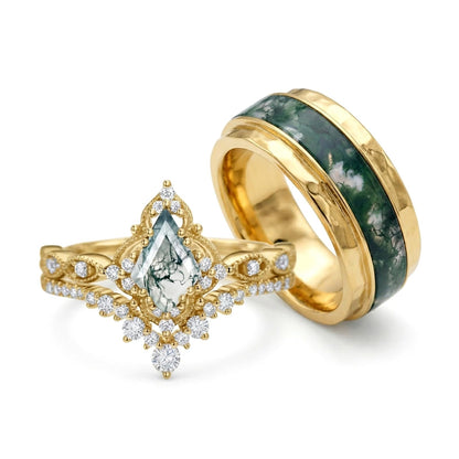 Couple Rings for Him and Her Kite Cut Moss Agate Promise Rings for Couples 3 Pics Wedding Ring Set for Women Personalized in S925 Sterling Silver/10k/14k/18k Gold