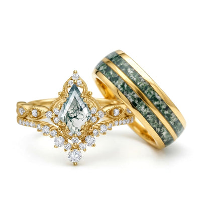 Couple Rings for Him and Her Kite Cut Moss Agate Promise Rings for Couples 3 Pics Wedding Ring Set for Women Personalized in S925 Sterling Silver/10k/14k/18k Gold