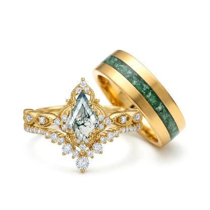 Couple Rings for Him and Her Kite Cut Moss Agate Promise Rings for Couples 3 Pics Wedding Ring Set for Women Personalized in S925 Sterling Silver/10k/14k/18k Gold