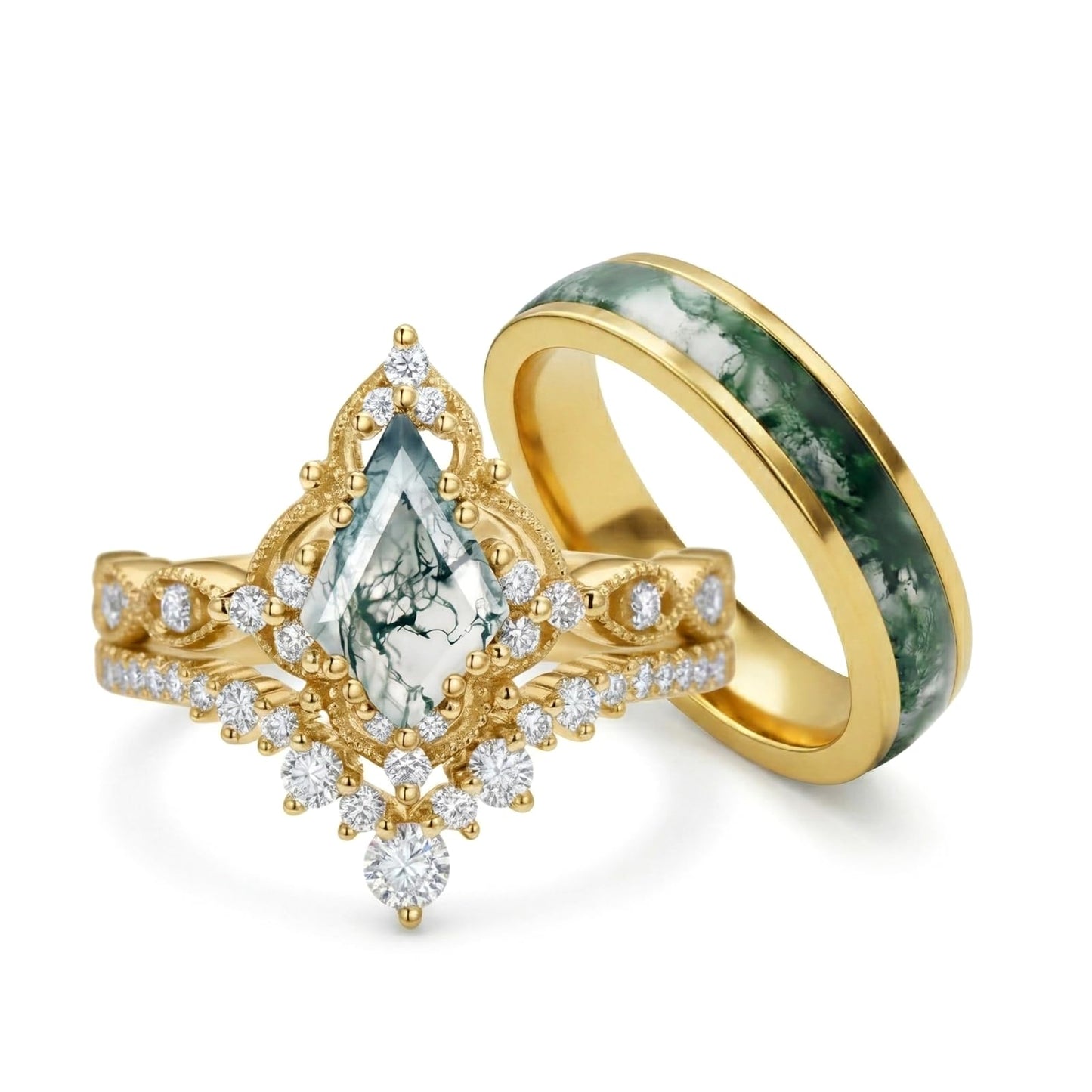 Couple Rings for Him and Her Kite Cut Moss Agate Promise Rings for Couples 3 Pics Wedding Ring Set for Women Personalized in S925 Sterling Silver/10k/14k/18k Gold