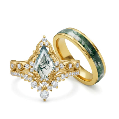 Couple Rings for Him and Her Kite Cut Moss Agate Promise Rings for Couples 3 Pics Wedding Ring Set for Women Personalized in S925 Sterling Silver/10k/14k/18k Gold