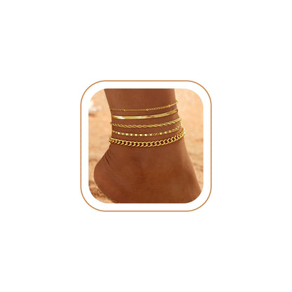 iF YOU Gold Ankle Bracelets for Women, 14k Gold Plated Waterproof Cuban Link Chain Anklets Set, Layered Anklet Bracelets for Women Beach Gift Adjustable Size 5pc