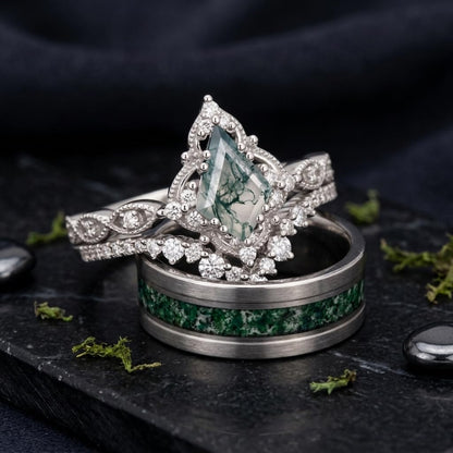 Couple Rings for Him and Her Kite Cut Moss Agate Promise Rings for Couples 3 Pics Wedding Ring Set for Women Personalized in S925 Sterling Silver/10k/14k/18k Gold