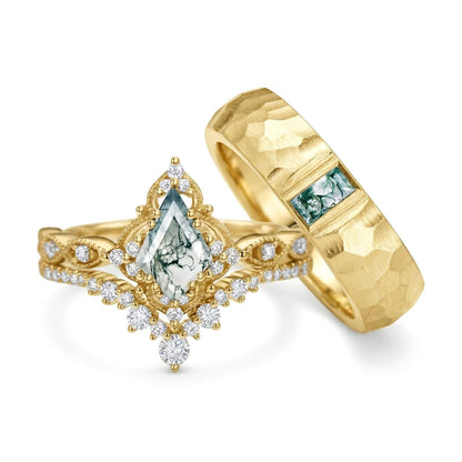 Couple Rings for Him and Her Kite Cut Moss Agate Promise Rings for Couples 3 Pics Wedding Ring Set for Women Personalized in S925 Sterling Silver/10k/14k/18k Gold