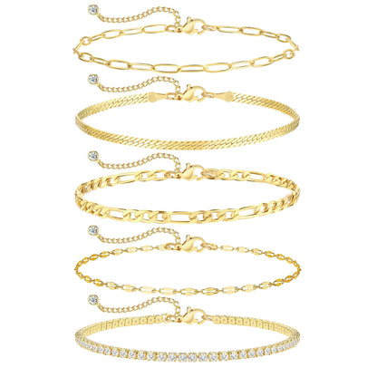 iF YOU Gold Ankle Bracelets for Women, 14k Gold Plated Waterproof Cuban Link Chain Anklets Set, Layered Anklet Bracelets for Women Beach Gift Adjustable Size 5pc