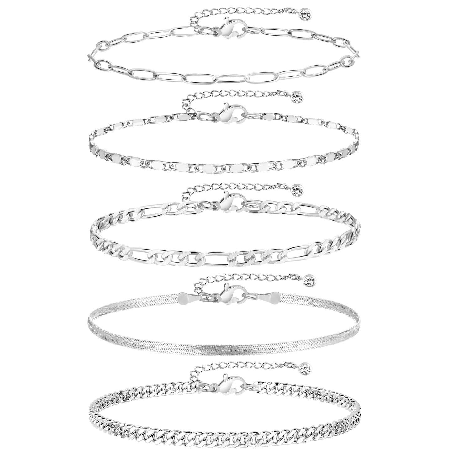 iF YOU Gold Ankle Bracelets for Women, 14k Gold Plated Waterproof Cuban Link Chain Anklets Set, Layered Anklet Bracelets for Women Beach Gift Adjustable Size 5pc