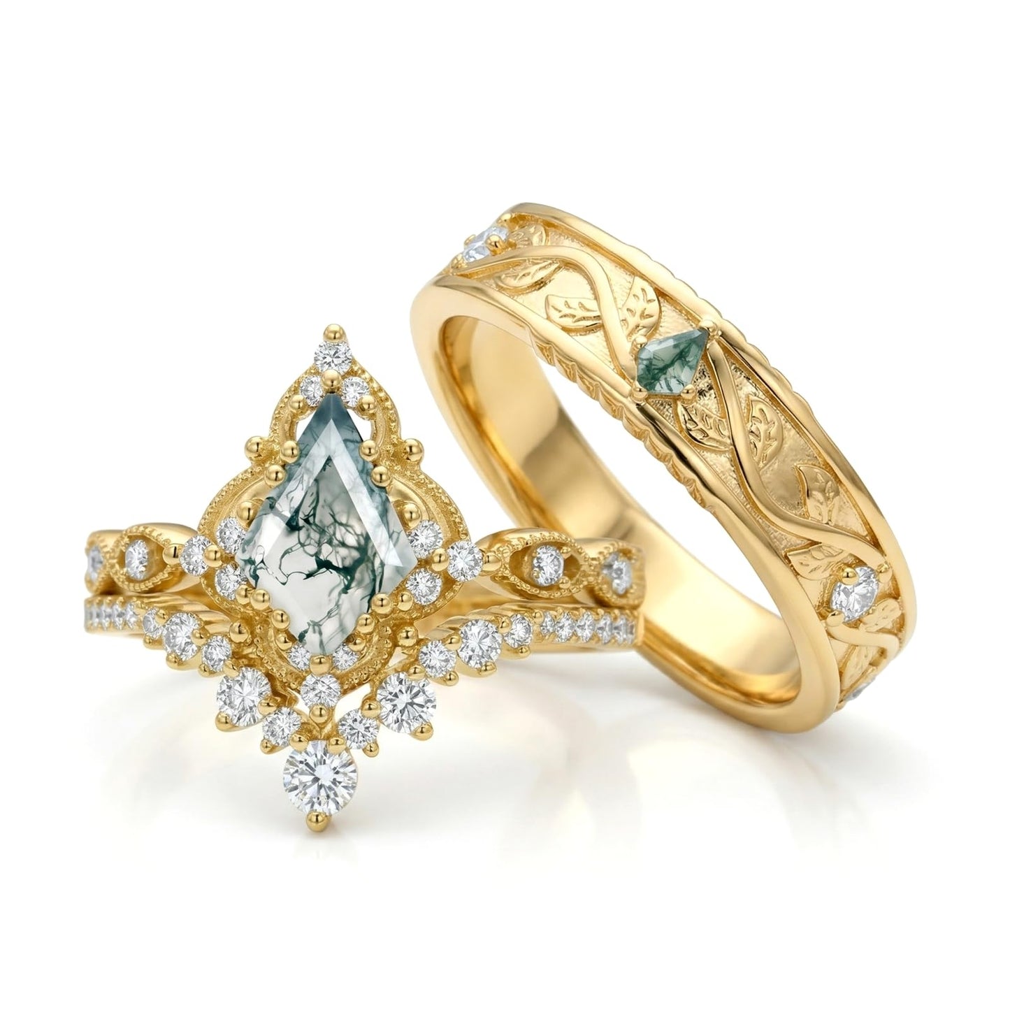 Couple Rings for Him and Her Kite Cut Moss Agate Promise Rings for Couples 3 Pics Wedding Ring Set for Women Personalized in S925 Sterling Silver/10k/14k/18k Gold