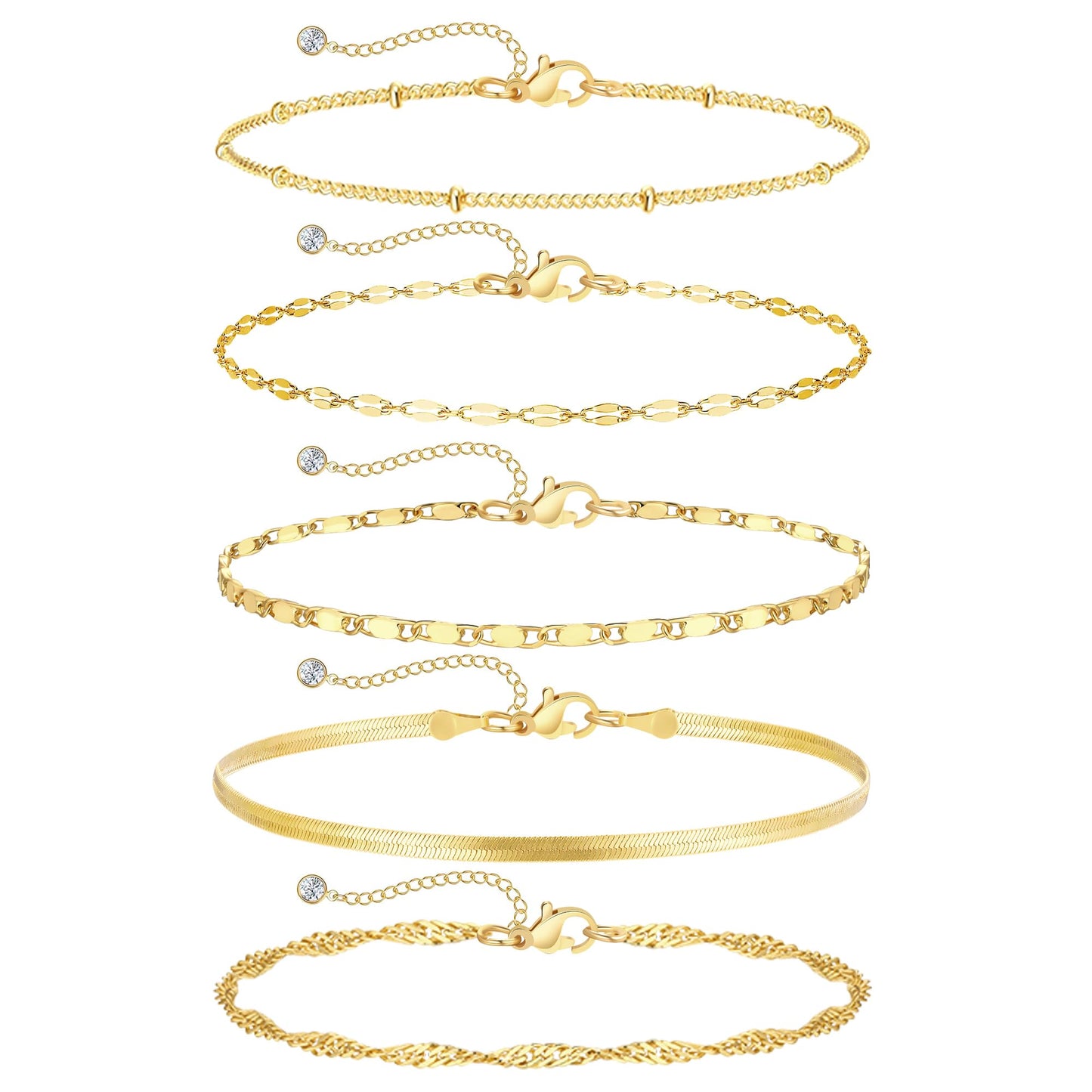 iF YOU Gold Ankle Bracelets for Women, 14k Gold Plated Waterproof Cuban Link Chain Anklets Set, Layered Anklet Bracelets for Women Beach Gift Adjustable Size 5pc