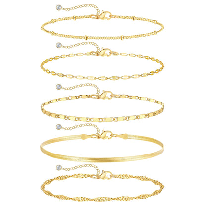 iF YOU Gold Ankle Bracelets for Women, 14k Gold Plated Waterproof Cuban Link Chain Anklets Set, Layered Anklet Bracelets for Women Beach Gift Adjustable Size 5pc