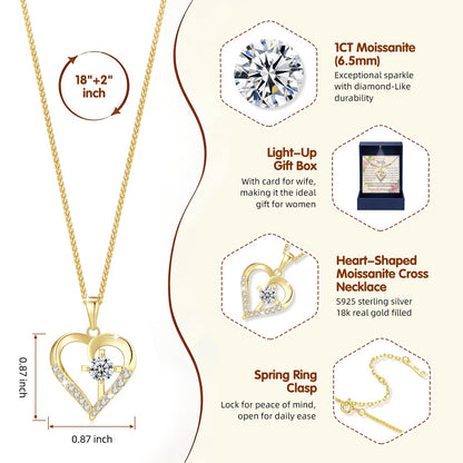 Moissanite Cross Necklace for Women in Light-Up Gift Box Heart Cross Jewelry 1CT Pendant for Women Gift Ideas for Wife Valentines Day Anniversary Birthday (S925 Sterling Silver/18K Real Gold Filled)