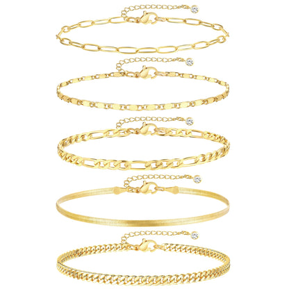 iF YOU Gold Ankle Bracelets for Women, 14k Gold Plated Waterproof Cuban Link Chain Anklets Set, Layered Anklet Bracelets for Women Beach Gift Adjustable Size 5pc
