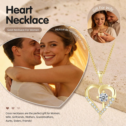 Moissanite Cross Necklace for Women in Light-Up Gift Box Heart Cross Jewelry 1CT Pendant for Women Gift Ideas for Wife Valentines Day Anniversary Birthday (S925 Sterling Silver/18K Real Gold Filled)