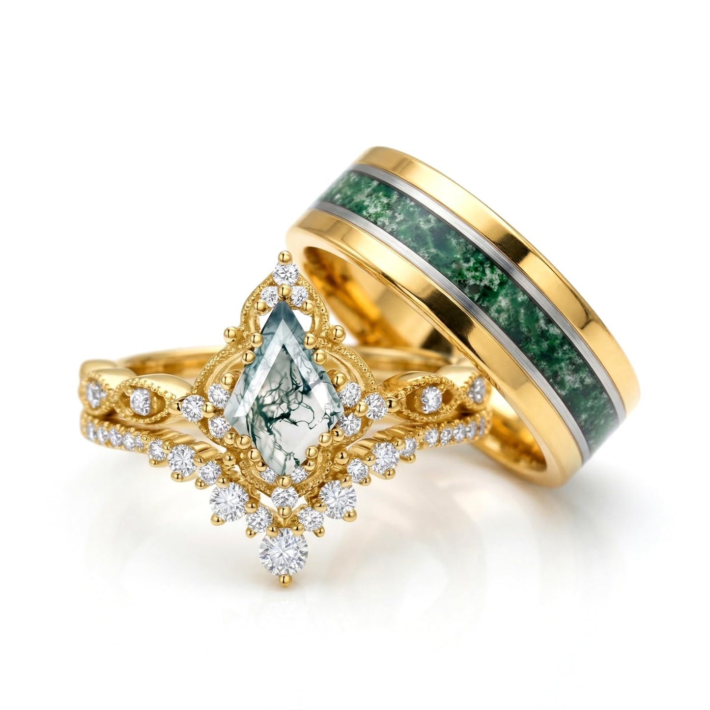 Couple Rings for Him and Her Kite Cut Moss Agate Promise Rings for Couples 3 Pics Wedding Ring Set for Women Personalized in S925 Sterling Silver/10k/14k/18k Gold