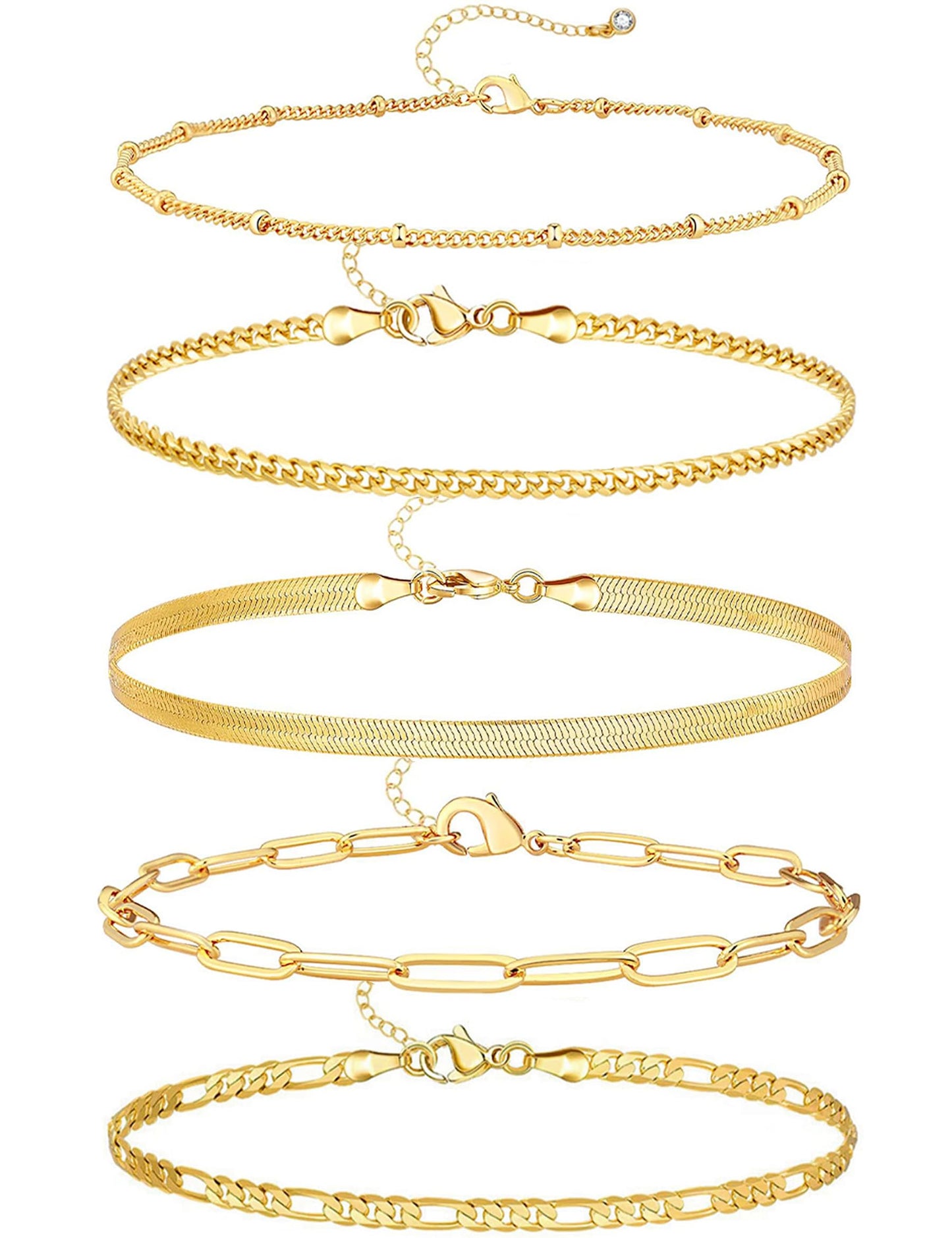 iF YOU Gold Ankle Bracelets for Women, 14k Gold Plated Waterproof Cuban Link Chain Anklets Set, Layered Anklet Bracelets for Women Beach Gift Adjustable Size 5pc