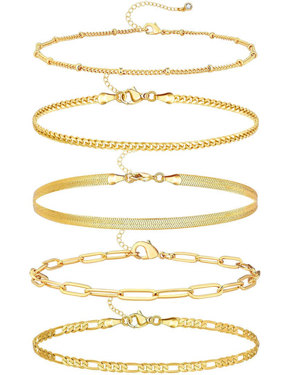 iF YOU Gold Ankle Bracelets for Women, 14k Gold Plated Waterproof Cuban Link Chain Anklets Set, Layered Anklet Bracelets for Women Beach Gift Adjustable Size 5pc