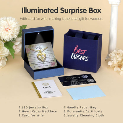 Moissanite Cross Necklace for Women in Light-Up Gift Box Heart Cross Jewelry 1CT Pendant for Women Gift Ideas for Wife Valentines Day Anniversary Birthday (S925 Sterling Silver/18K Real Gold Filled)