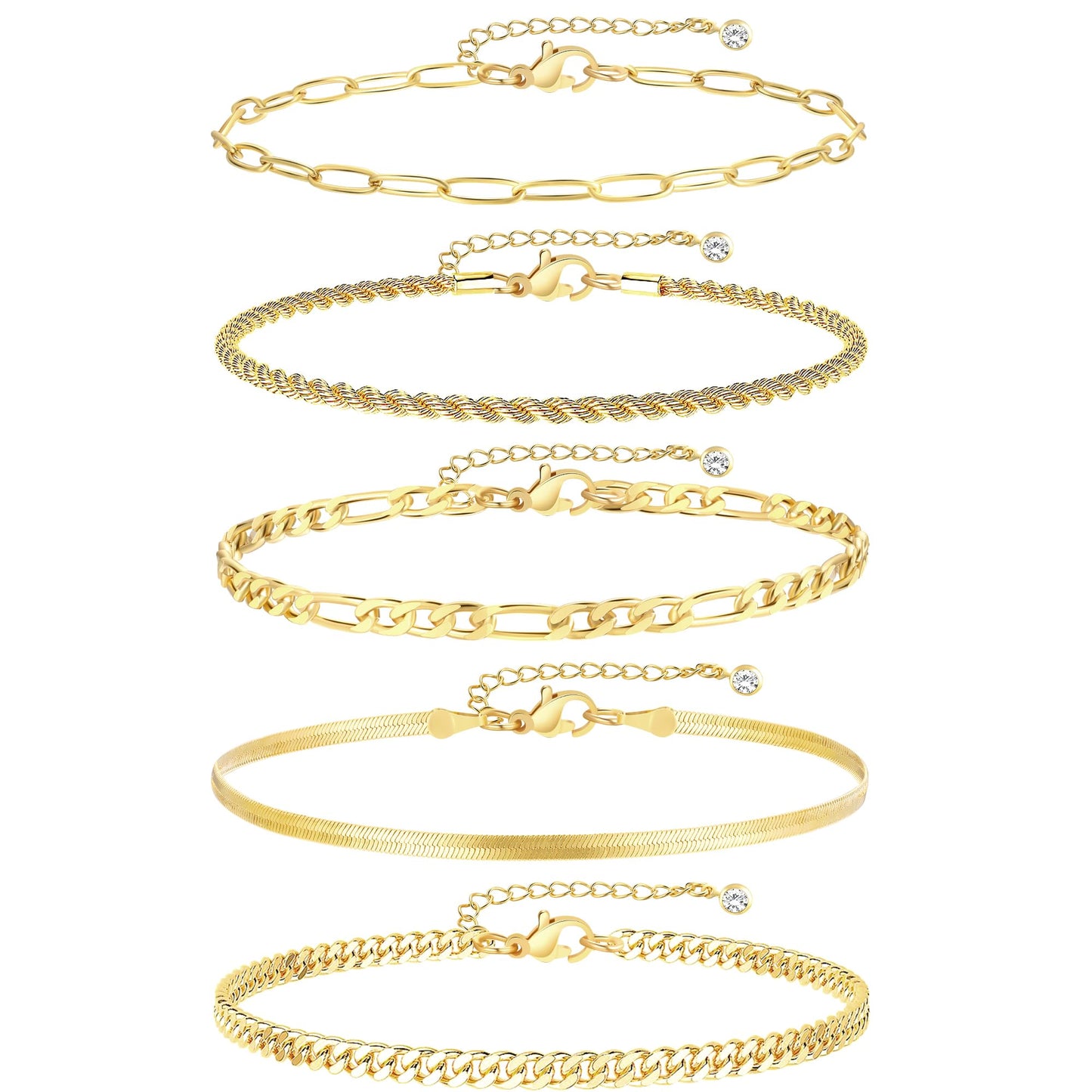 iF YOU Gold Ankle Bracelets for Women, 14k Gold Plated Waterproof Cuban Link Chain Anklets Set, Layered Anklet Bracelets for Women Beach Gift Adjustable Size 5pc