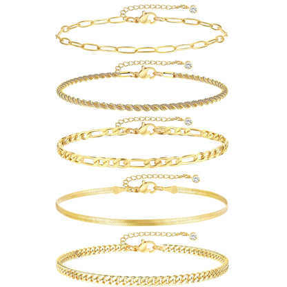 iF YOU Gold Ankle Bracelets for Women, 14k Gold Plated Waterproof Cuban Link Chain Anklets Set, Layered Anklet Bracelets for Women Beach Gift Adjustable Size 5pc