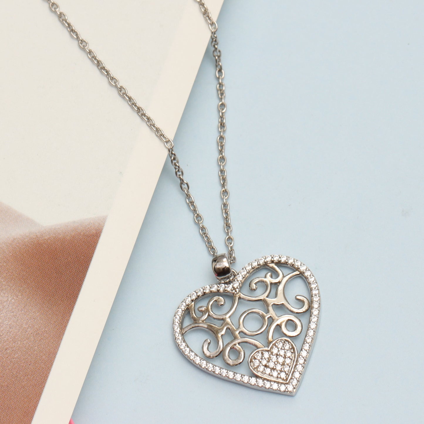 925 Sterling Silver Light-Weight CZ Filigree Heart Pendant Necklace Jewelry Gifts for Women and Teen 18" Inch